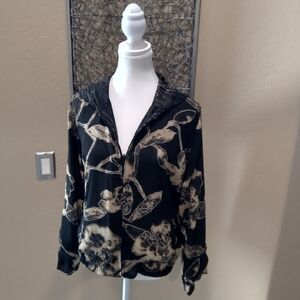 Chico's Reversible Black and Tan Hoodie Jacket with Swirl and Floral Print